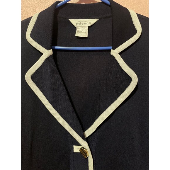 Misook Classic Knit Stretch Blazer Jacket size S Navy Gold Buttons White Trim - Picture 2 of 6